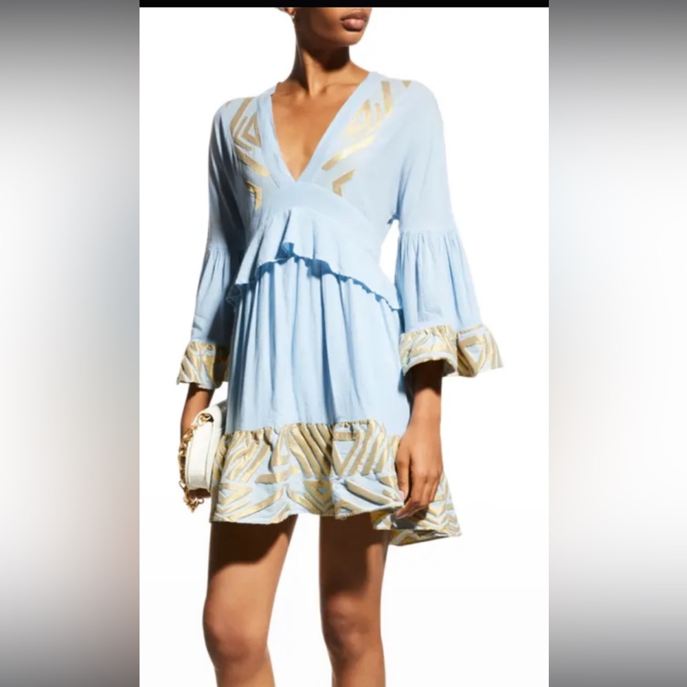 $295 LACE The Label
V-Neck Embroidered Ruffle Baby blue Gold Dress